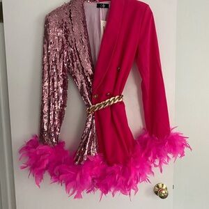Blazer Vibrant Pink Sequin Blazer with Feather Trim